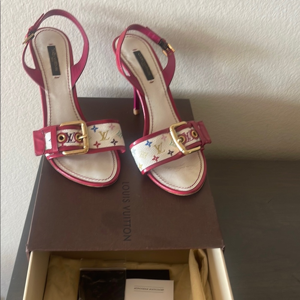 Louis Vuitton Pink and White Glossy Heels with Gold Detail